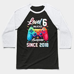 Level 6 Unlocked Awesome Since 2018 6Th Birthday Gaming Baseball T-Shirt